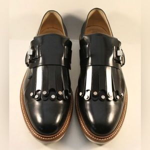 Tods Black Patent Leather Studded Fringed Buckled Flats Womens Size EUR 39M